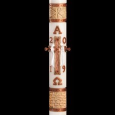 Long burning 51% beeswax Paschal candle has the words of Luke 24 hand painted on its finely carved s Luke 24 Paschal Candle - 1 15/16" x 39"