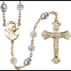 Rosary with 8mm Crystal Swarovski, Capped Our Father Aurora Borealis beads.  1 7/8 x 1 1/8 Crucifix.  Novena medal centerpiece. SKU R9558C