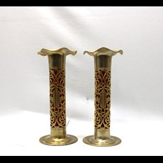 12" Ornate Brass Vase w/ Red Glass Insert (PAIR) SKU C911-007
