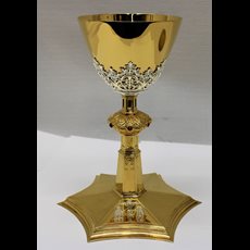 German Sterling Chalice w/ 6 Pointed Base and Crucifixion Scene & Paten SKU THS-138