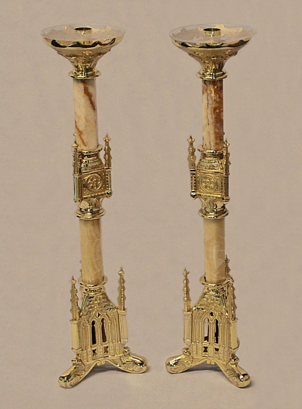 Gothic Spired Brass & Marble Candlesticks